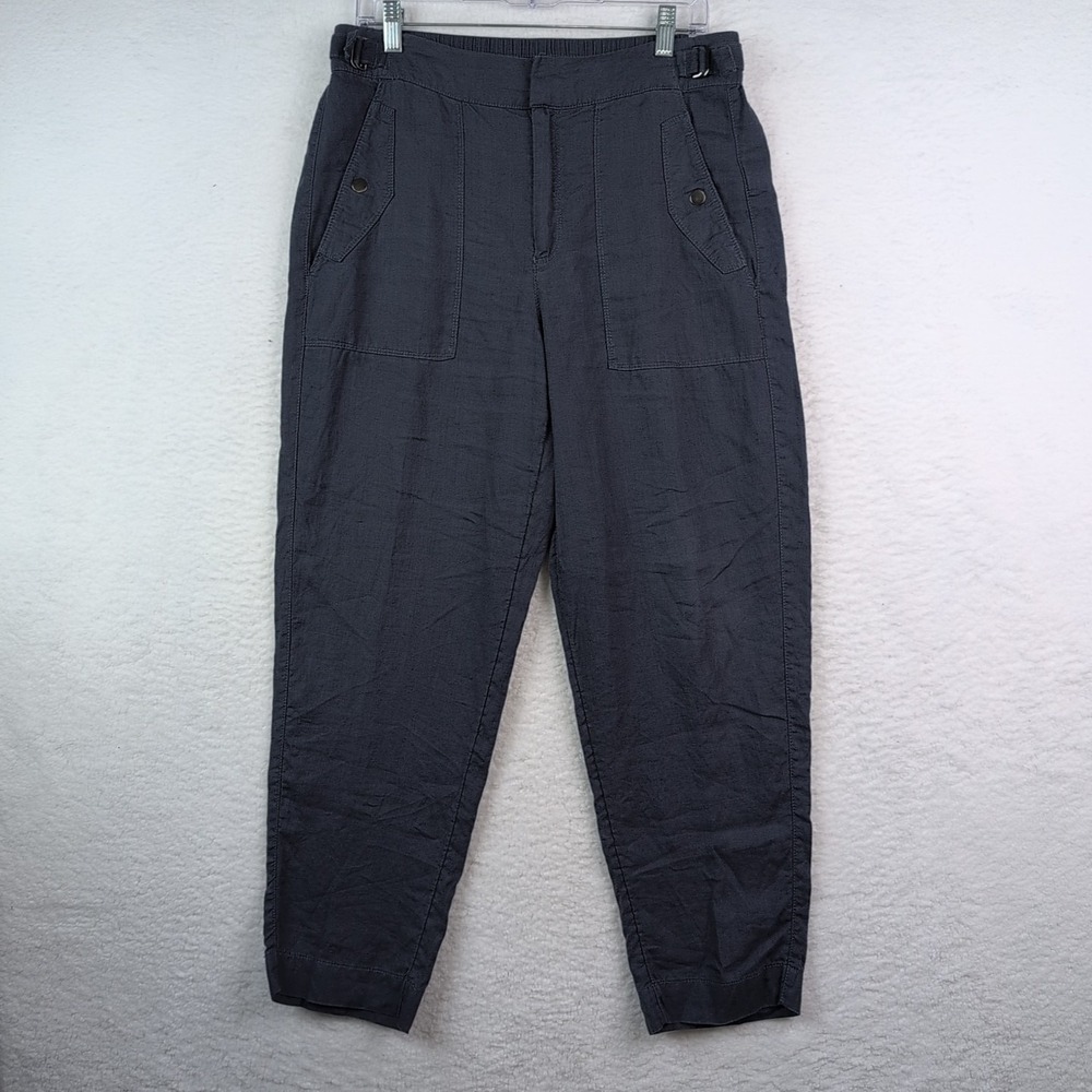 Athleta Voyager Linen Pant Women's 10 Granite Blue Pockets Adjust Sides Elastic